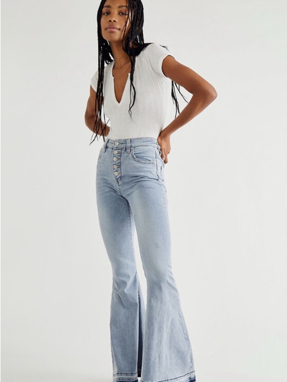 Free People We the Free IRREPLACEABLE Kent Blue Flare Raw Hem Button Fly Jeans